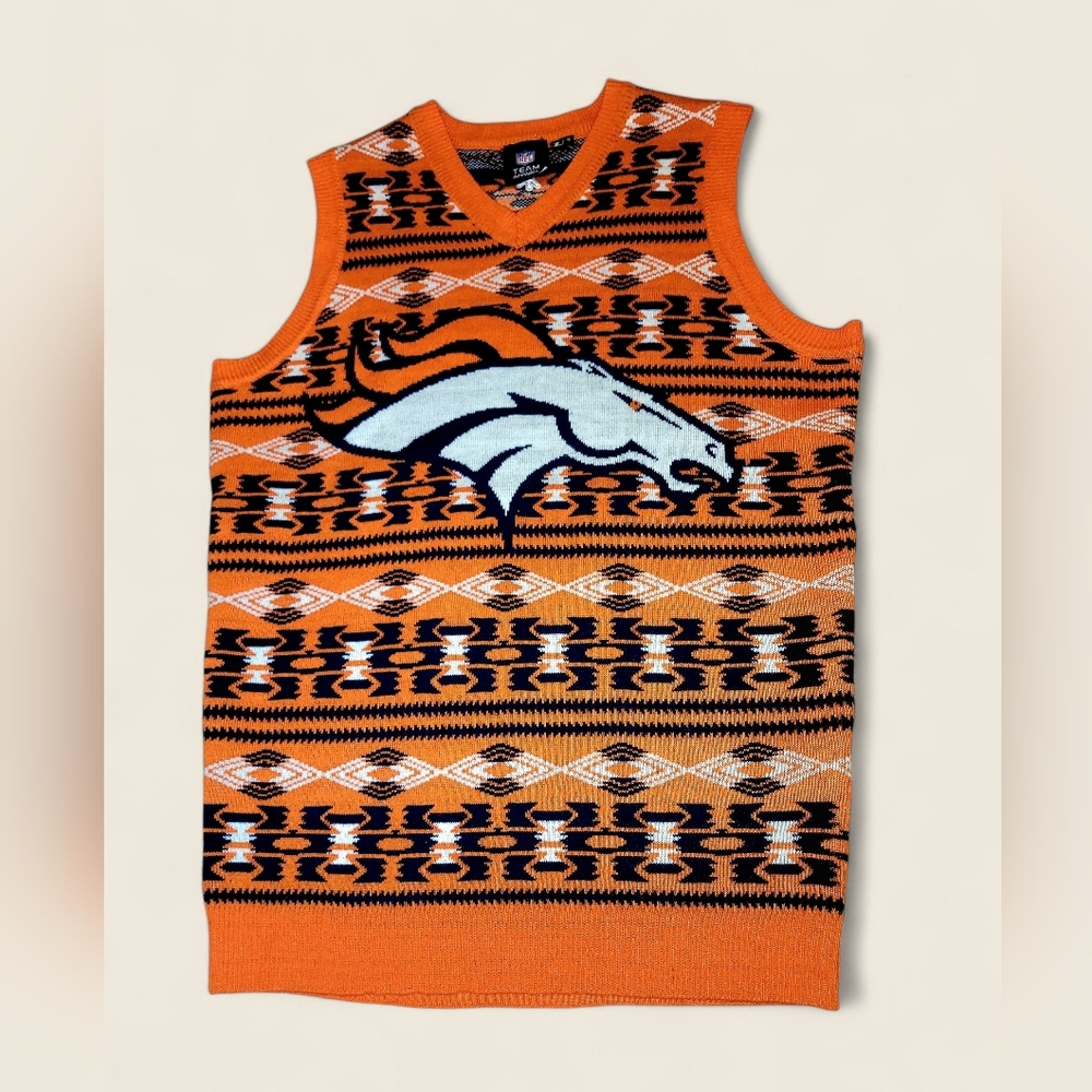 Denver Broncos Ugly Sweater Small Vest NFL Team Apparel Orange Aztec Knit Unisex